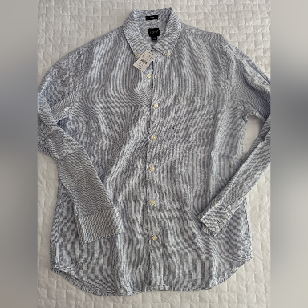 JCrew Men's Linen Blue / White Stripe Button Down Shirt Medium Slim Fit New